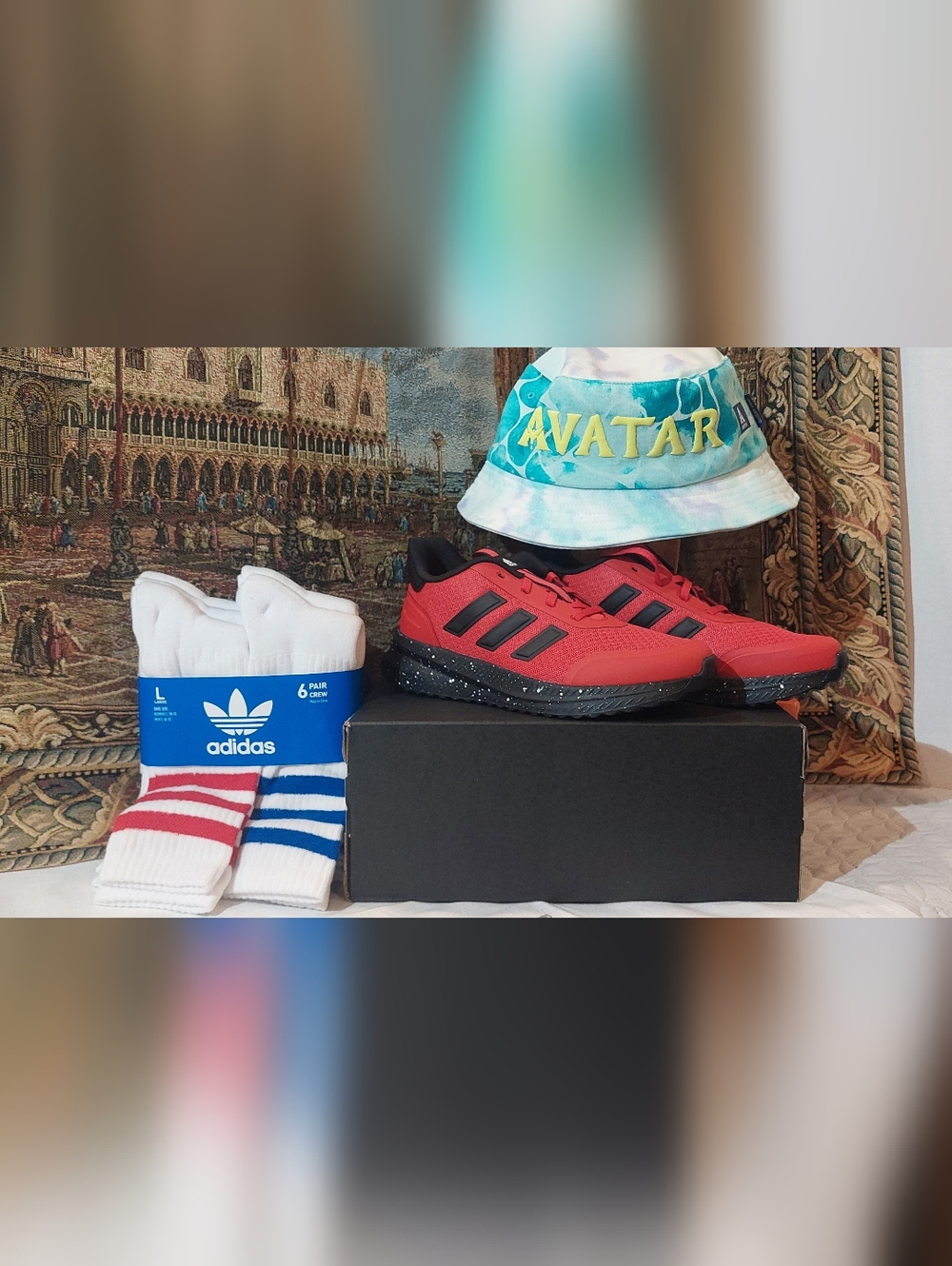 adidas White Crew Socks with Red & Blue Stripe Accents - 6 Pack - Picture 6 of 6